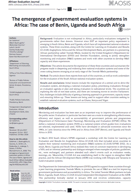 The emergence of government evaluation systems in Africa: The case of Benin, Uganda and South Africa