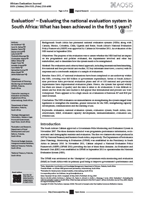 Evaluating the national evaluation system in South Africa: What has been achieved in the first 5 years?